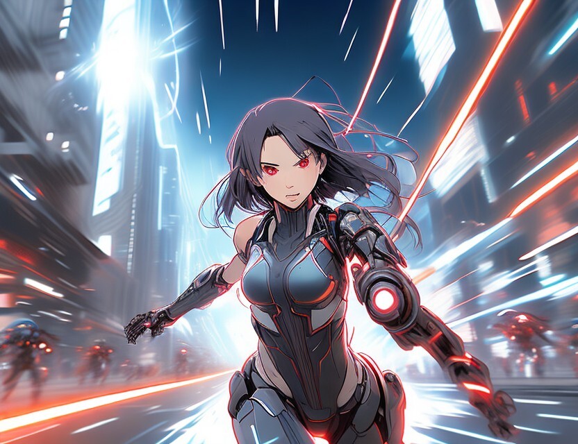 A strong female cyborg is jumping away from an explosion made by flying aliens shooting laser beams at her on a busy road of a futuristic city