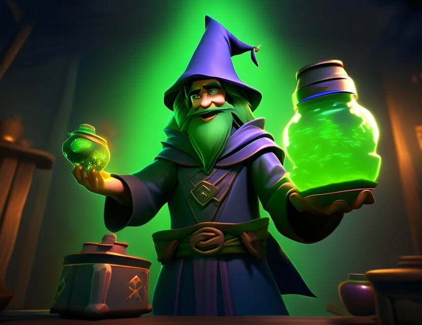 A sorcerer in its hut holding a green potion jar and making magic with it