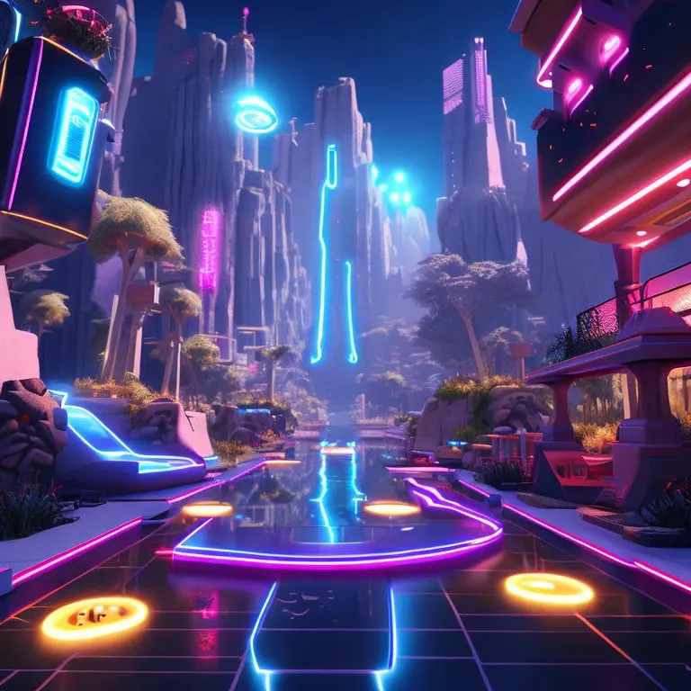Neon-lit cyberpunk plaza with glowing walkways, reflective tiles and towering rock spires behind the skyline