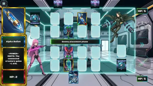 Eight-zone combat board in Veridium: Final Pulse with two character sprites flanking the grid