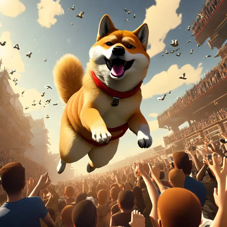 AI-generated stylized art of a shiba inu leaping over a packed stadium crowd of cheering fans