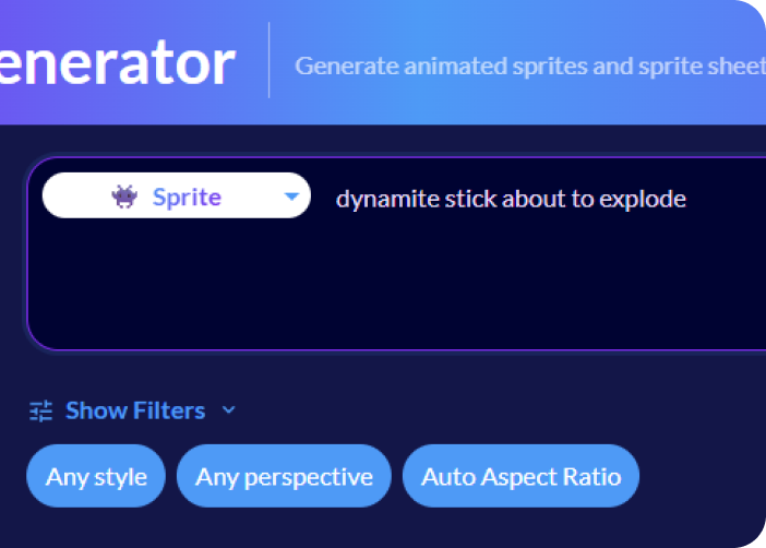 Sprite Generator prompt bar in Sprite mode reading dynamite stick about to explode, with style filters