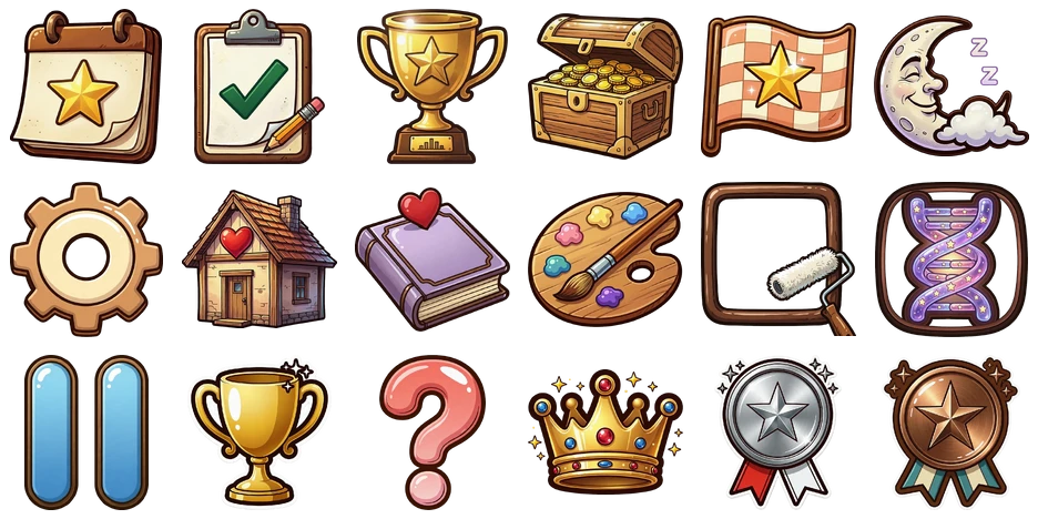 Grid of 18 cozy UI icons created in Ludo