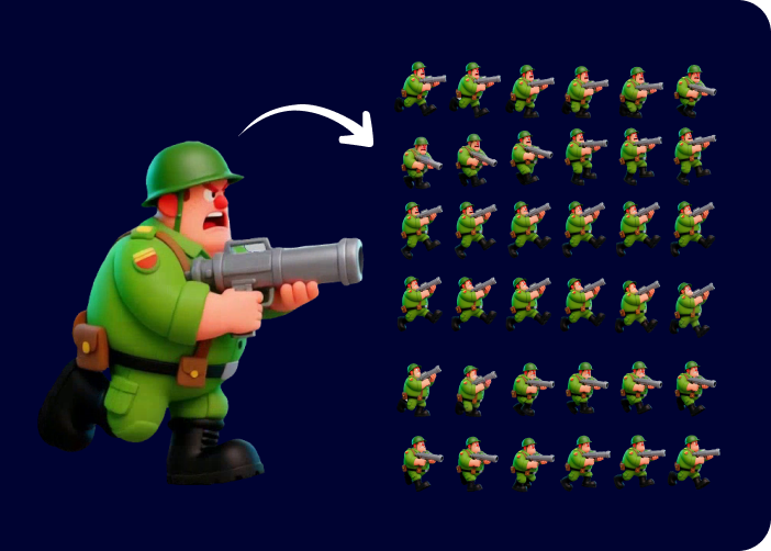 A 3D cartoon bazooka soldier beside the grid of animation frames generated from it