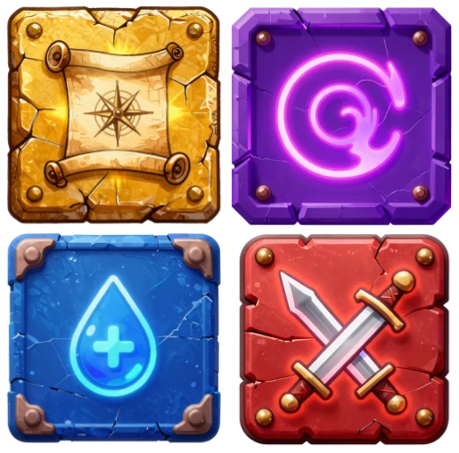 Grid of 2D game icons and assets generated in Ludo for Stack Fighters