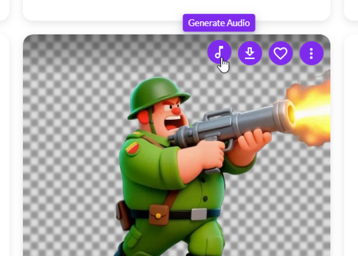 Generate Audio control above a finished soldier sprite firing, on a transparency checkerboard