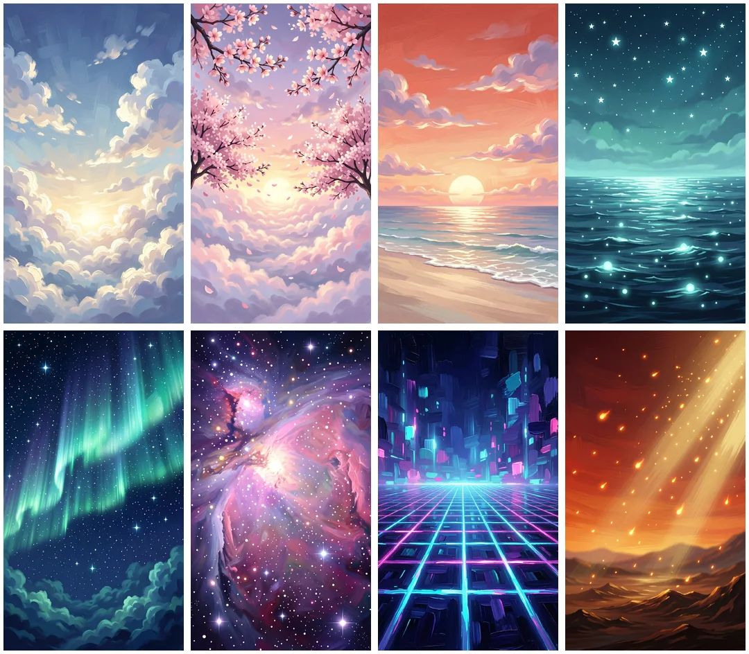 Eight arena background paintings generated with Ludo