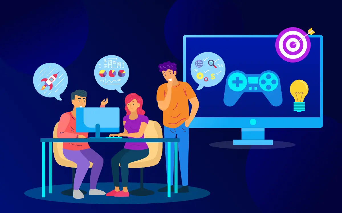 Flat illustration of a three person team planning a game, with thought bubbles of rockets and charts beside a gamepad screen