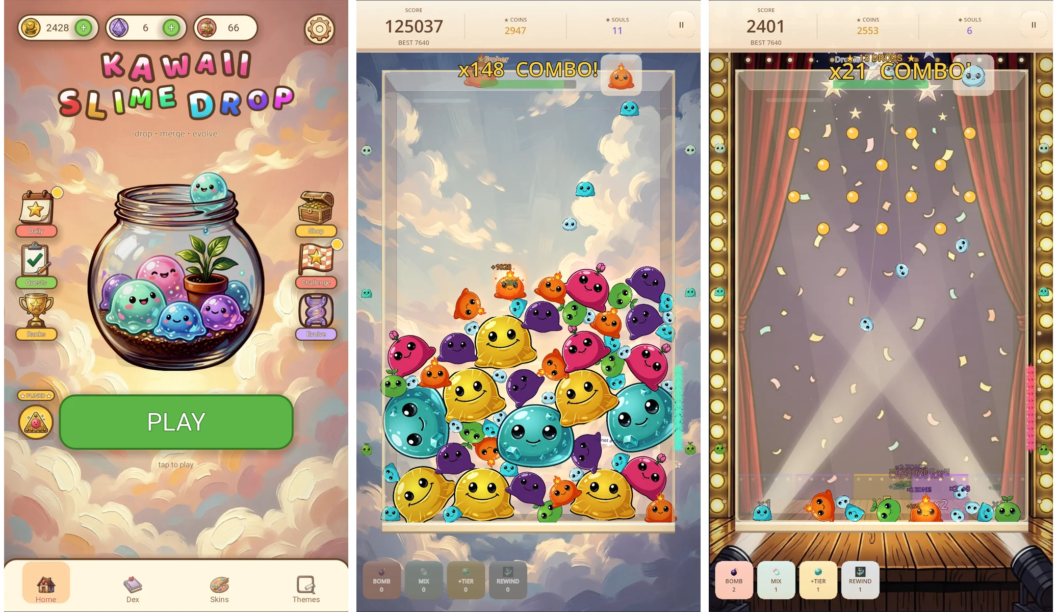 Kawaii Slime Drop home screen, gameplay, and Plinko Night mode