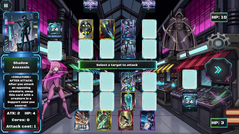 Battle phase in Veridium: Final Pulse, selecting a target and firing an attack across the grid
