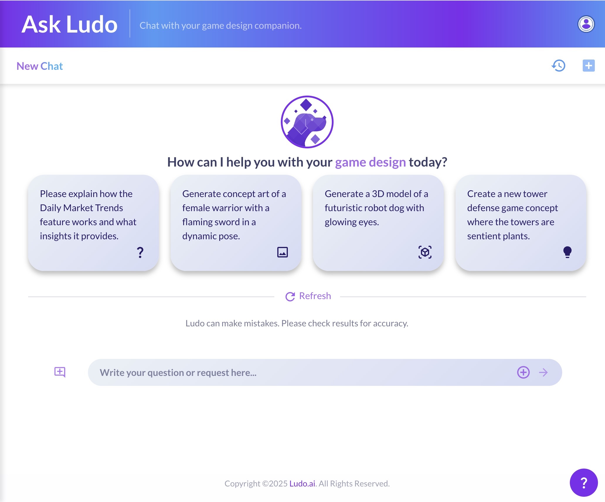 Ask Ludo, Your AI Gaming Companion - An AI assistant built into the Ludo.ai platform, ready to brainstorm, guide, and answer your questions in real time.