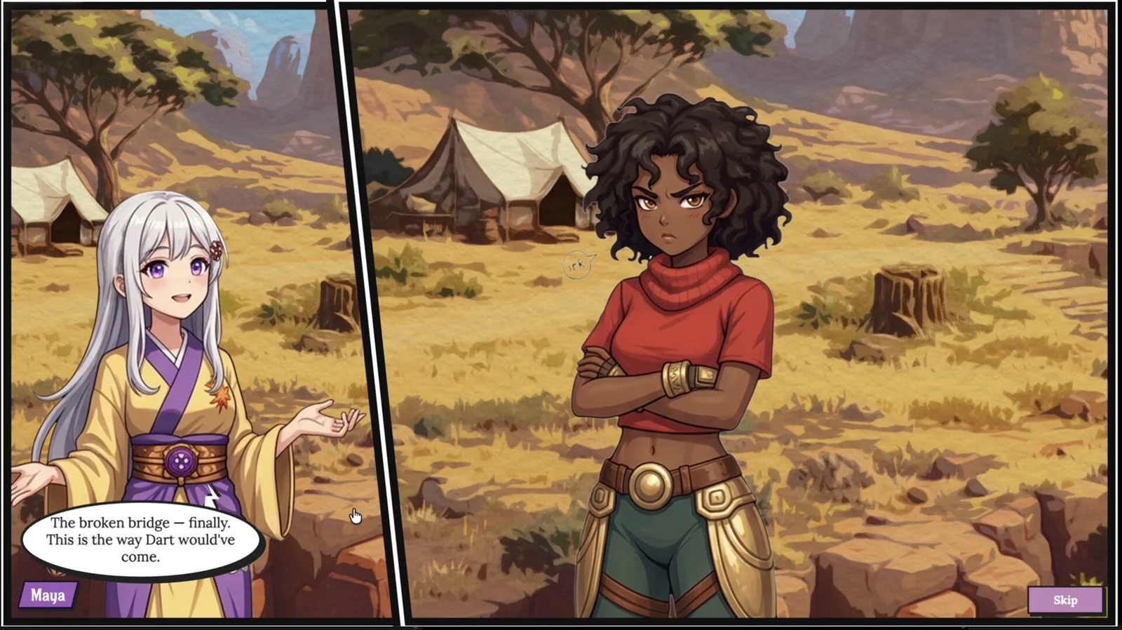 A story scene in Song of Larithea: Maya and Tara drawn at full size in a dry savanna camp, with a speech bubble