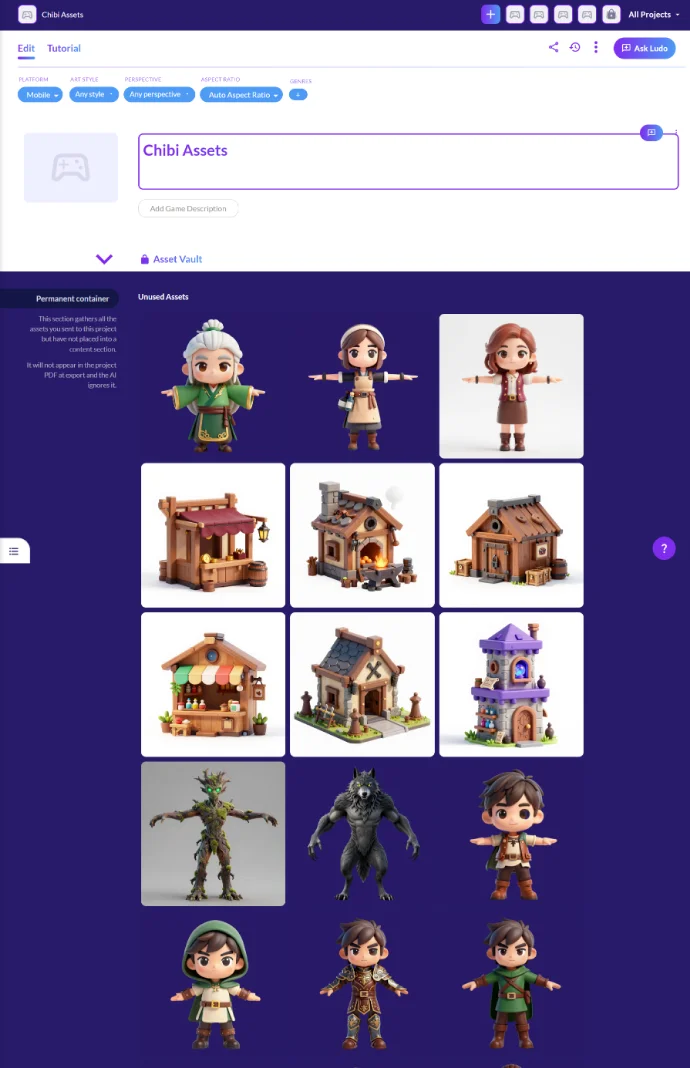 Character and building concepts in the Ludo asset vault