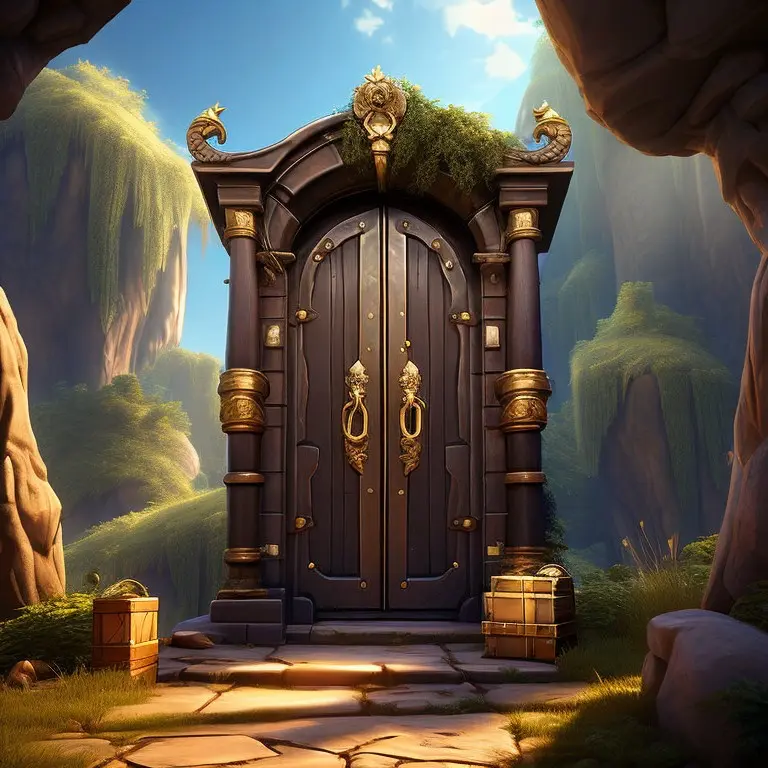 Ornate wooden double doors with gold fittings set into a sunlit cliffside valley, with crates resting on the stone path