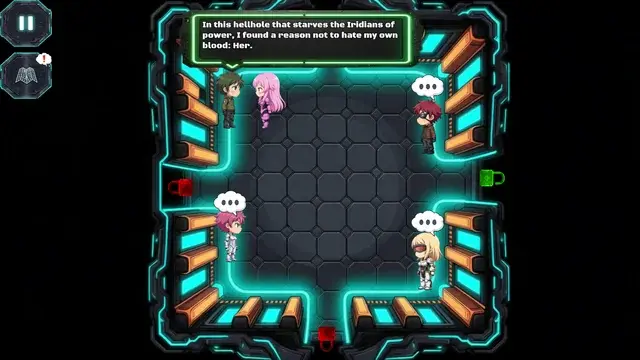Chibi-scale overworld characters with thought bubbles in a neon arena room in Veridium: Final Pulse
