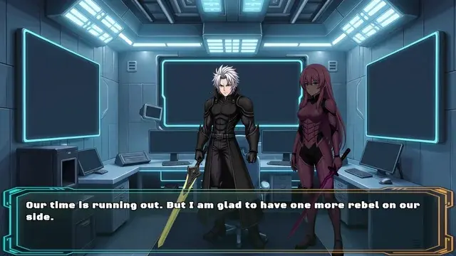 Visual novel dialogue scene: two characters in a sci-fi control room in Veridium: Final Pulse