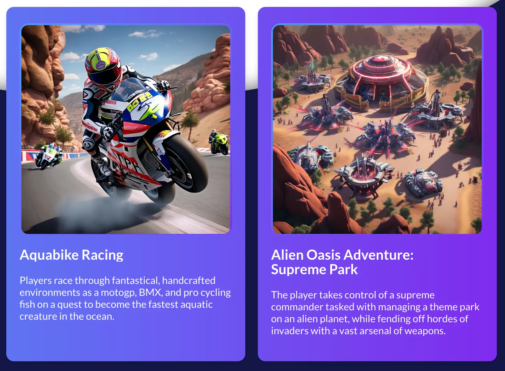 Two generated game concept cards with cover art and pitch text, one an aquatic race and one an alien theme park defense