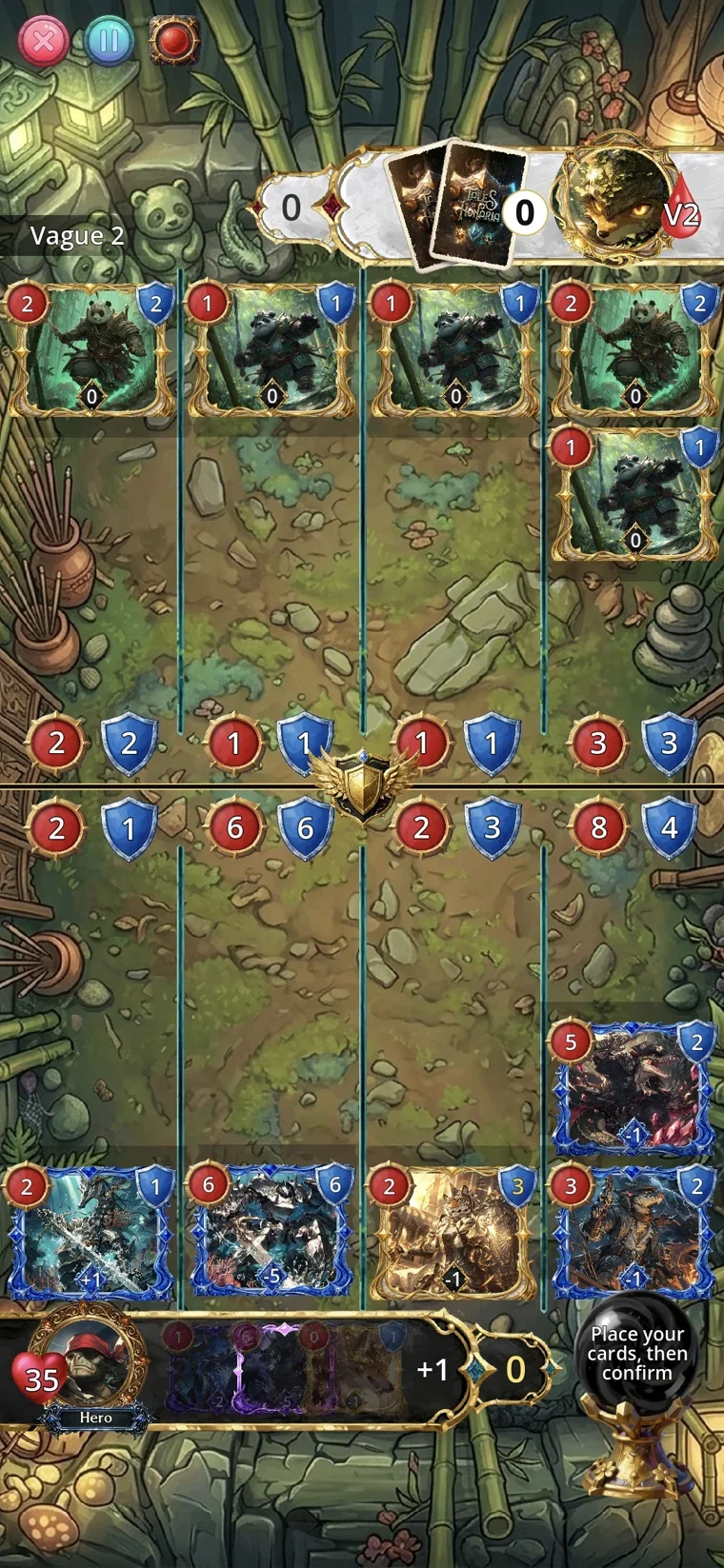 Mid-duel board in Tales of Honaria showing totem columns and a hand of cards