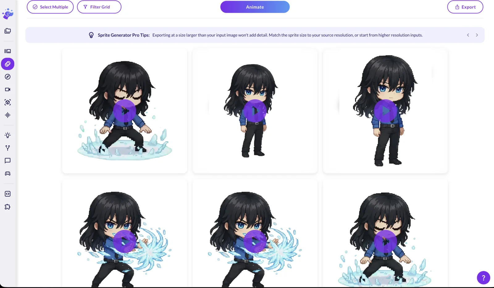 Ludo's Sprite Generator showing six animations of Dart, a black-haired chibi mage, four of them ice casts