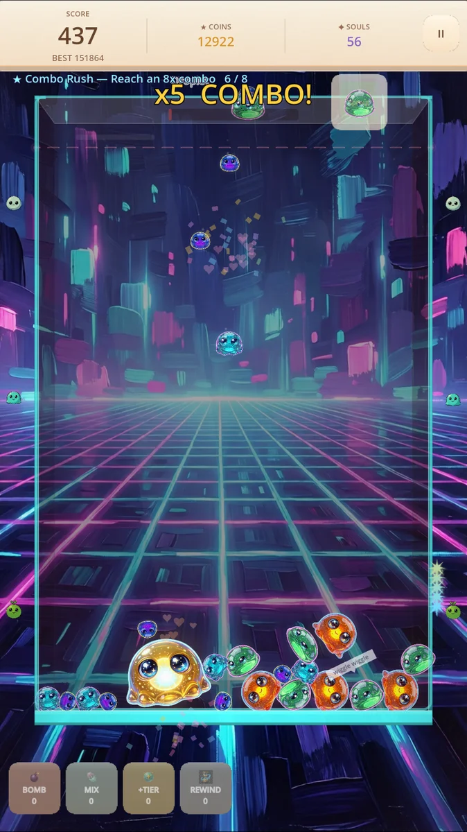 Kawaii Slime Drop gameplay on the Neon arena background