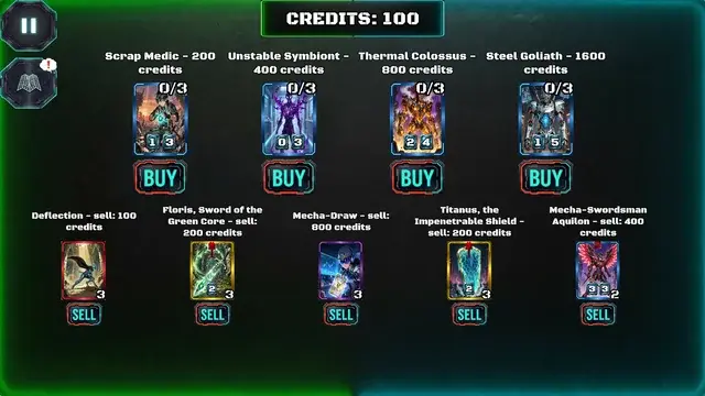 Card shop screen in Veridium: Final Pulse showing cards for sale and cards to sell for credits