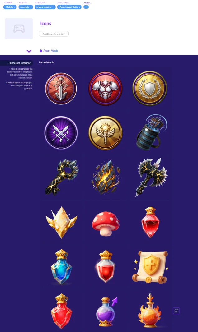 Badge, weapon and potion icons in the Ludo asset vault