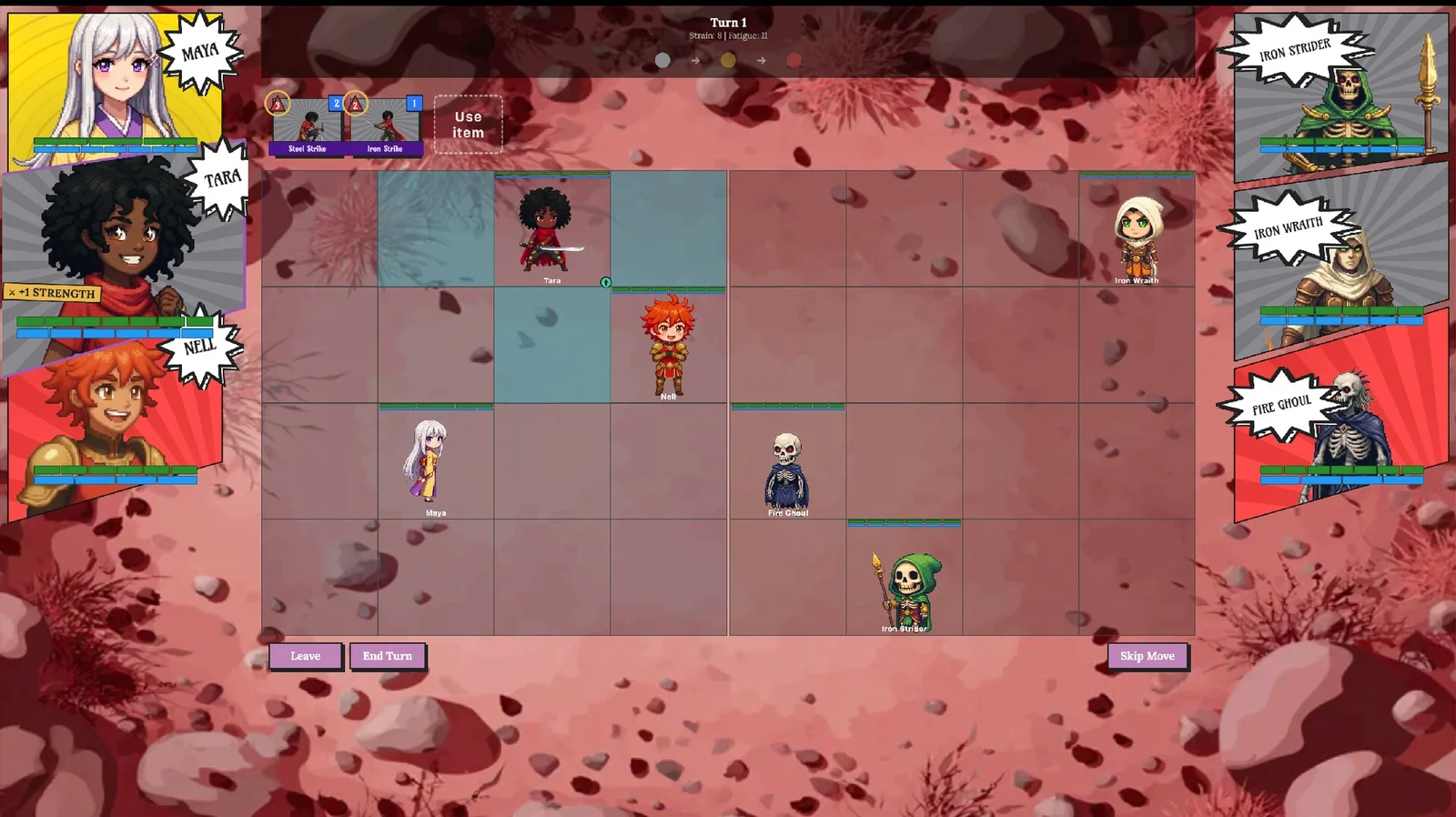 The turn-based fight grid in Song of Larithea: chibi Tara, Nell and Maya facing three enemies (Iron Wraith, Fire Ghoul and Iron Strider), with hero portraits down the left side