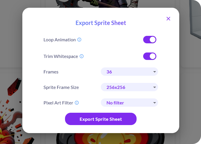 Export Sprite Sheet dialog set to 36 frames at 256x256, with loop animation and trim whitespace enabled