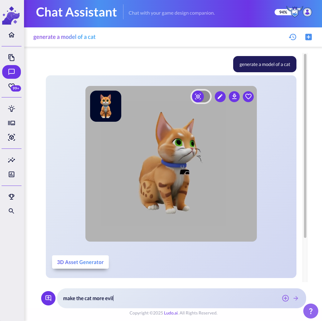 Chat Assistant returning a 3D cat model from a text prompt, with a follow-up refinement typed below
