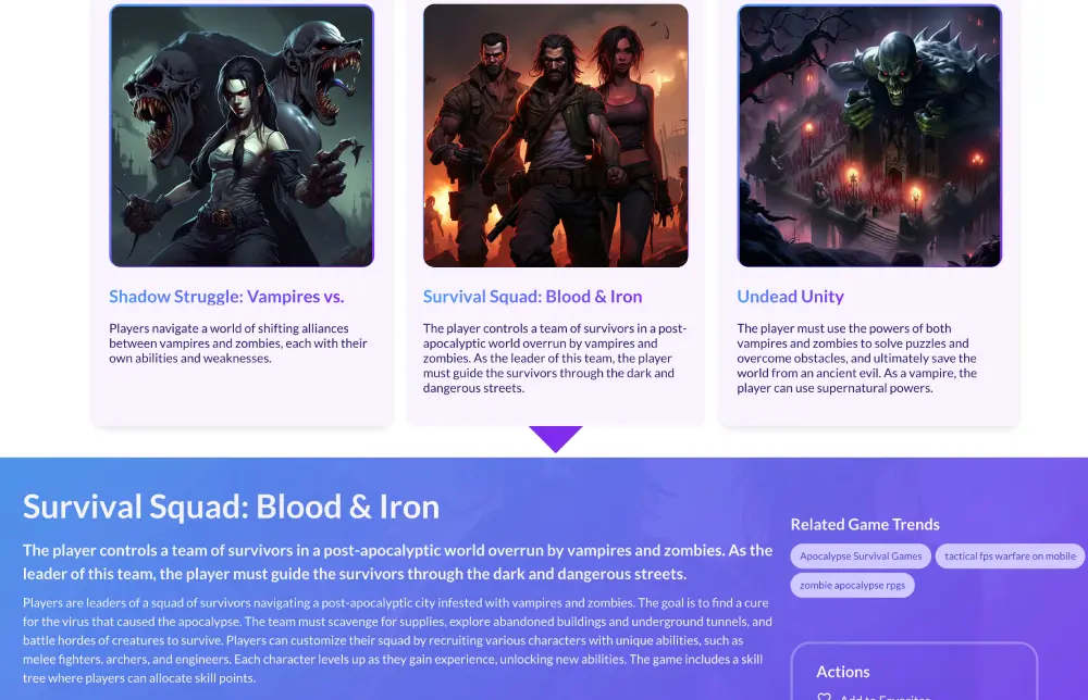 Vampire and zombie game concepts generated side by side, with one expanded to reveal its related game trends