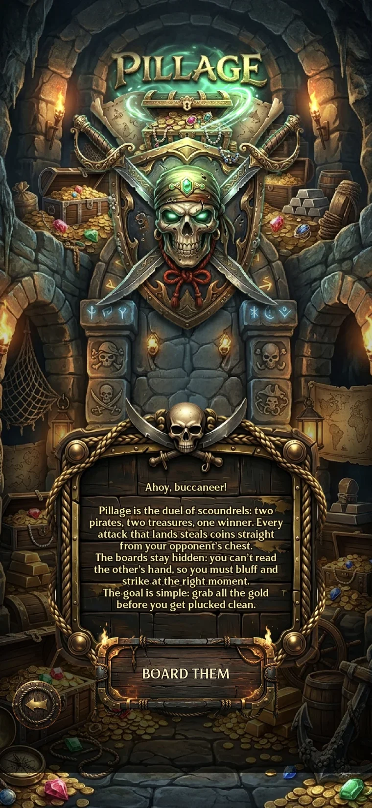 Pillage mode gate screen with pirate skull art, themed deck buttons and a BOARD THEM button