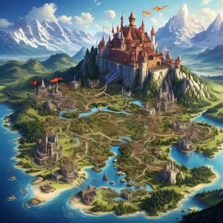 AI-generated fantasy world map art: a red-roofed castle above rivers, forests and coastline with dragons overhead