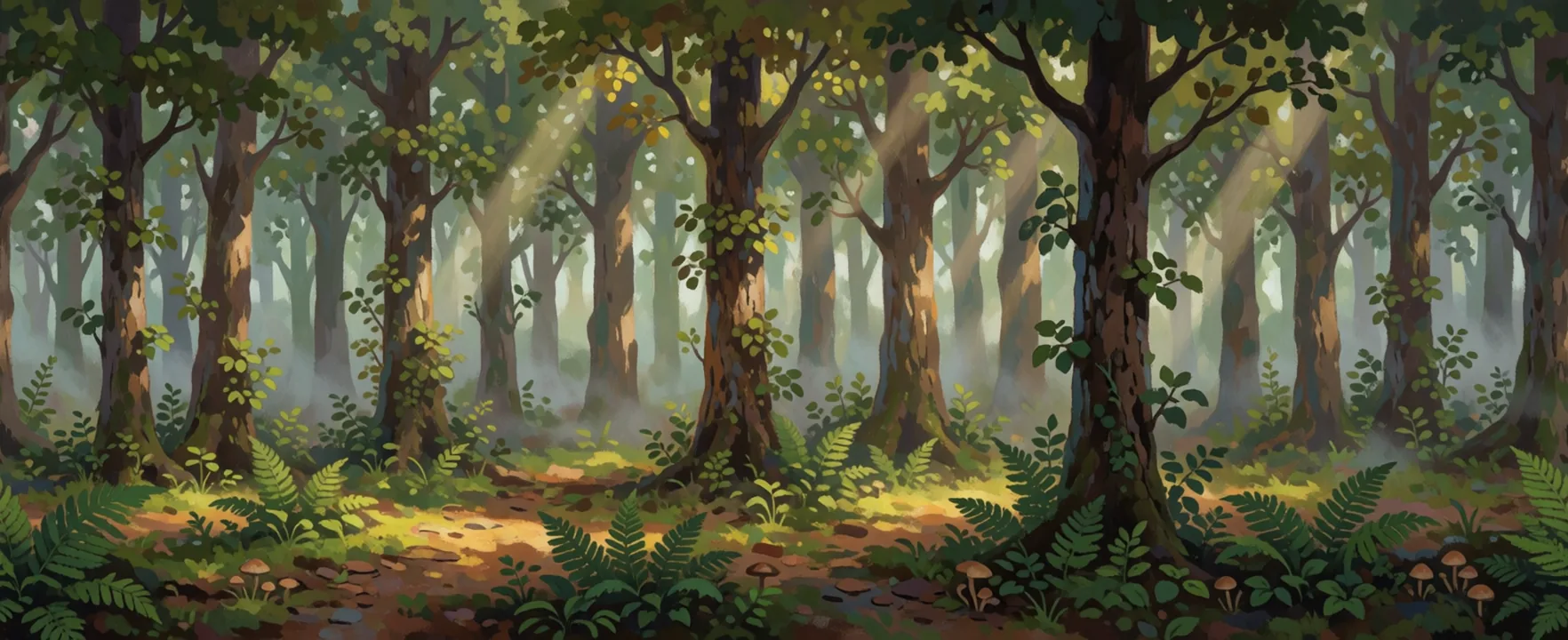 Sunlit forest with shafts of light through the canopy, loops end to end