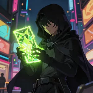 Hooded anime figure, glowing crystal in a neon city