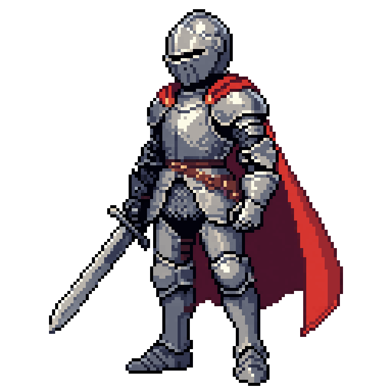 A young knight with a short sword and a flowing red cape, steel armor, standing in a confident pose, full body