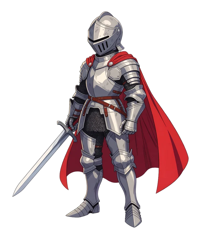 A young knight with a short sword and a flowing red cape, steel armor, standing in a confident pose, full body