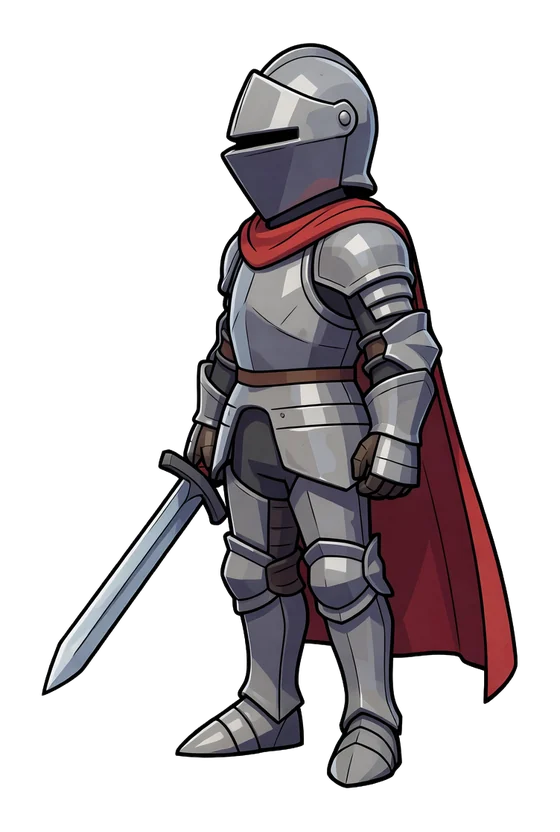 A young knight with a short sword and a flowing red cape, steel armor, standing in a confident pose, full body