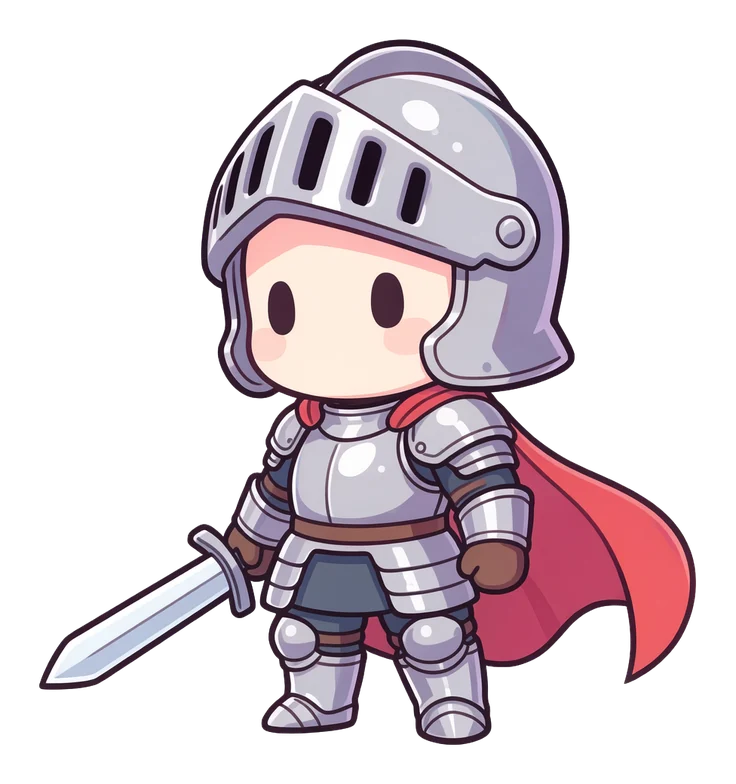 A young knight with a short sword and a flowing red cape, steel armor, standing in a confident pose, full body