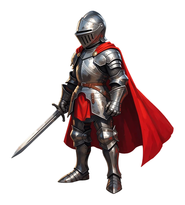 A young knight with a short sword and a flowing red cape, steel armor, standing in a confident pose, full body