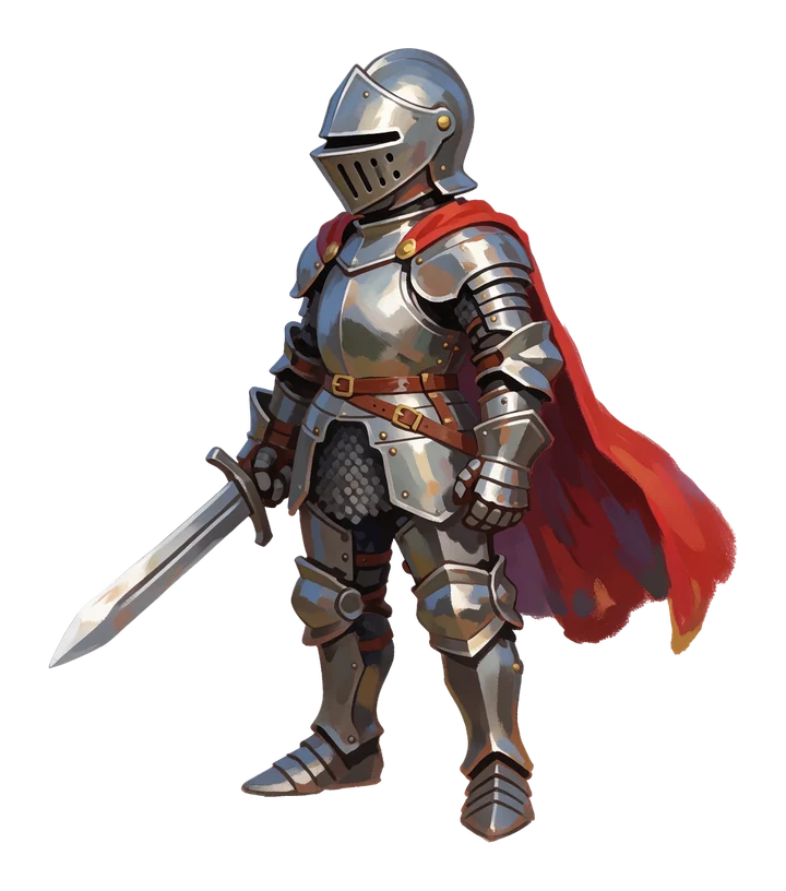 A young knight with a short sword and a flowing red cape, steel armor, standing in a confident pose, full body