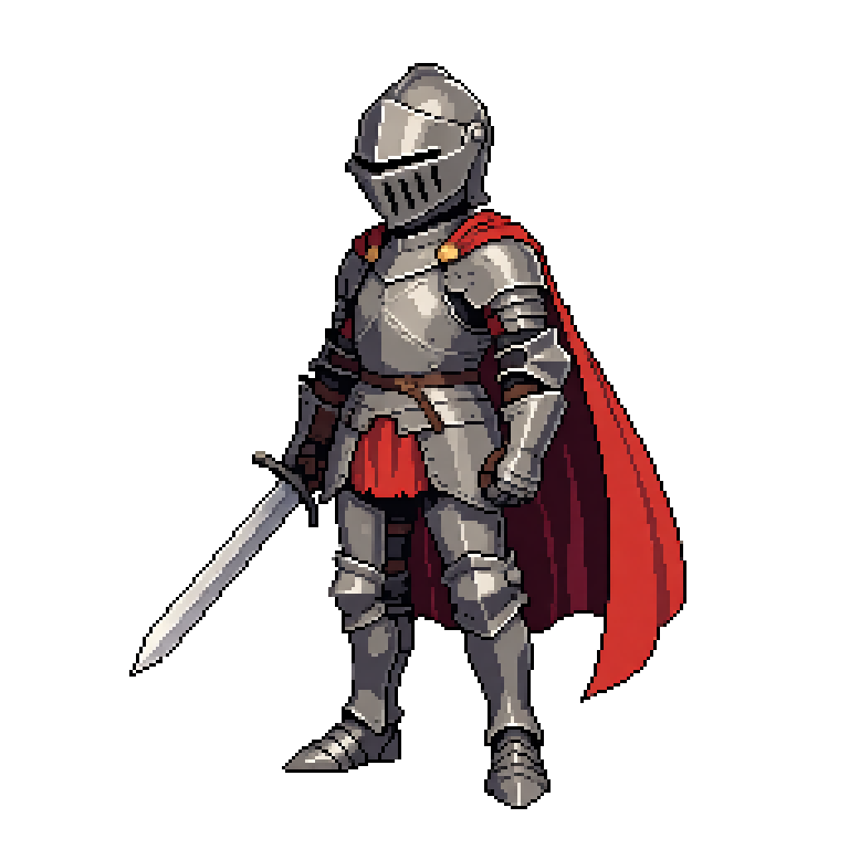 A young knight with a short sword and a flowing red cape, steel armor, standing in a confident pose, full body