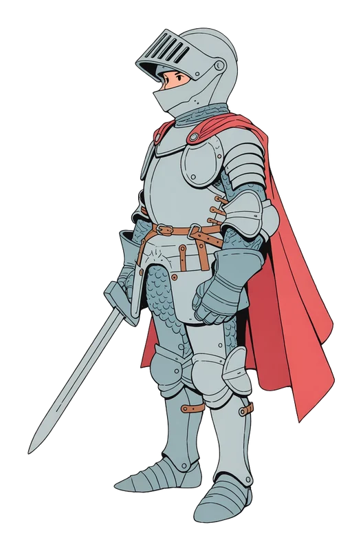 A young knight with a short sword and a flowing red cape, steel armor, standing in a confident pose, full body