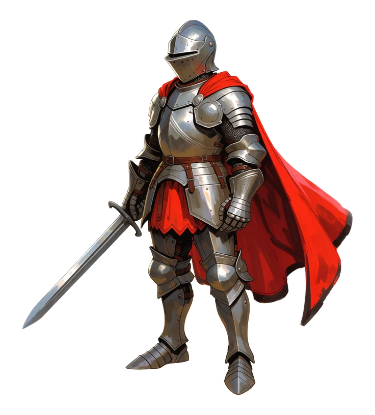 A young knight with a short sword and a flowing red cape, steel armor, standing in a confident pose, full body