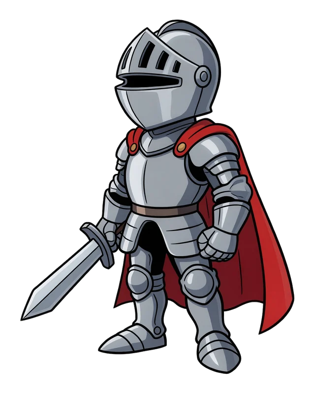 A young knight with a short sword and a flowing red cape, steel armor, standing in a confident pose, full body