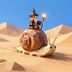 Low-poly wizard riding a snail through the desert
