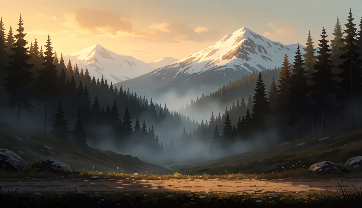 Misty highland valley at golden hour, pine forests, snowy mountains, a dirt road along the bottom