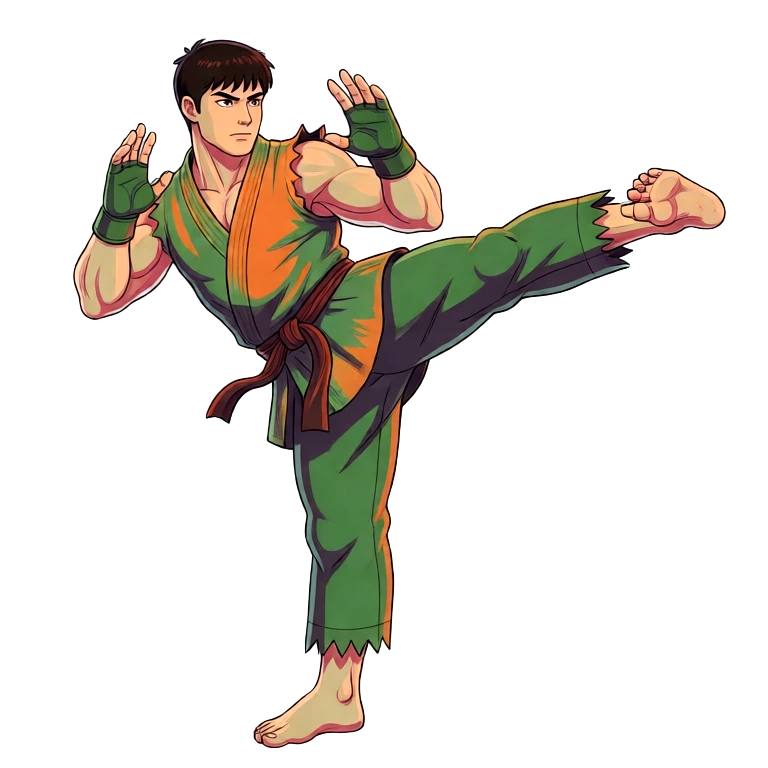 Keyframe 2, the fighter with the kick fully extended