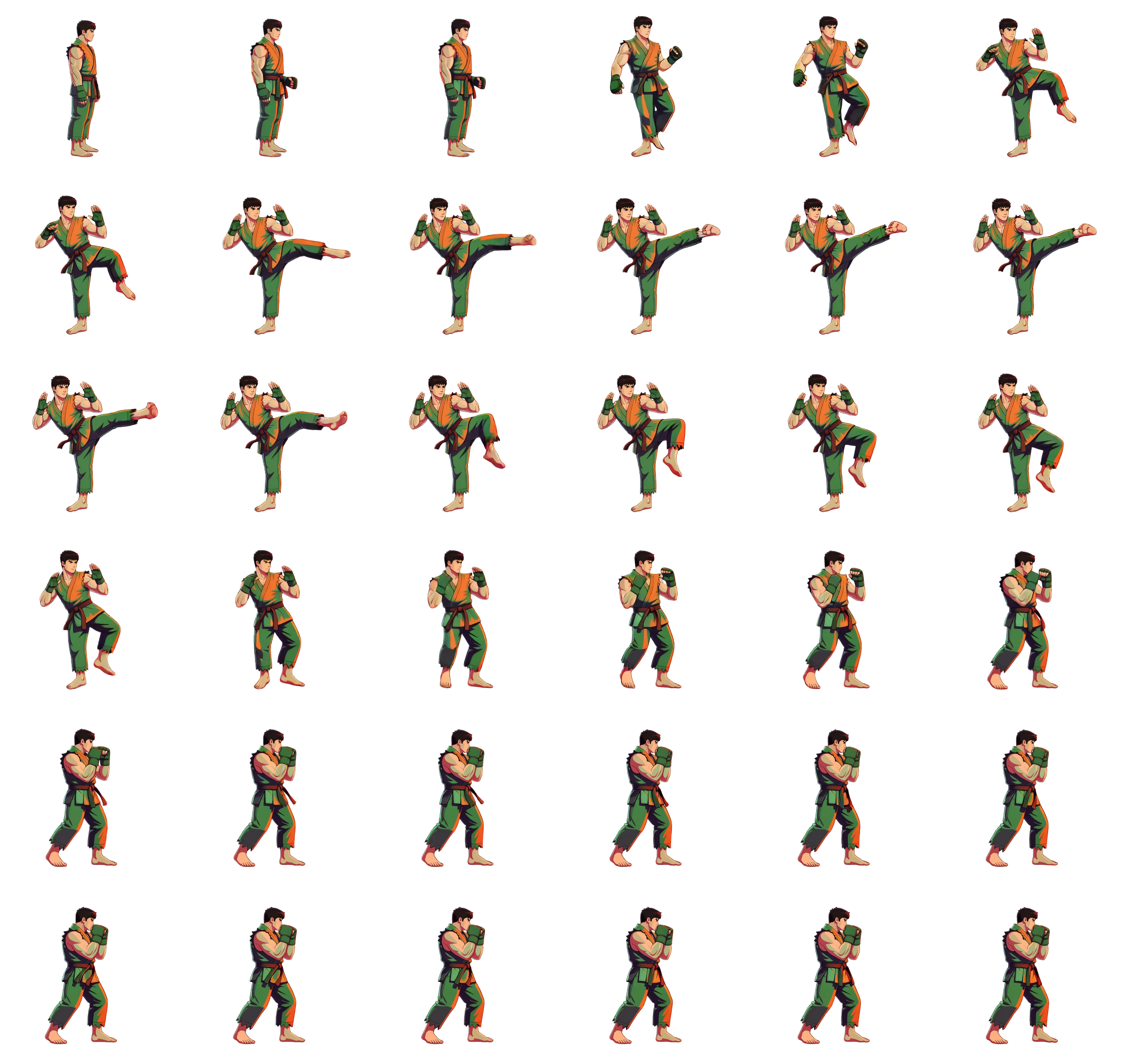 6x6 sprite sheet of 36 kick frames generated from the three poses above