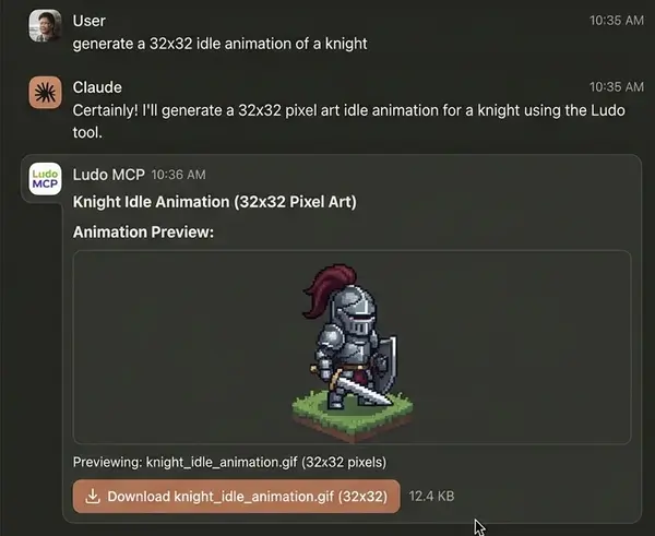 Claude desktop conversation: user types 'generate a 32x32 idle animation of a knight'. Ludo MCP tool call returns a looping sprite preview and a download link inline in the chat.