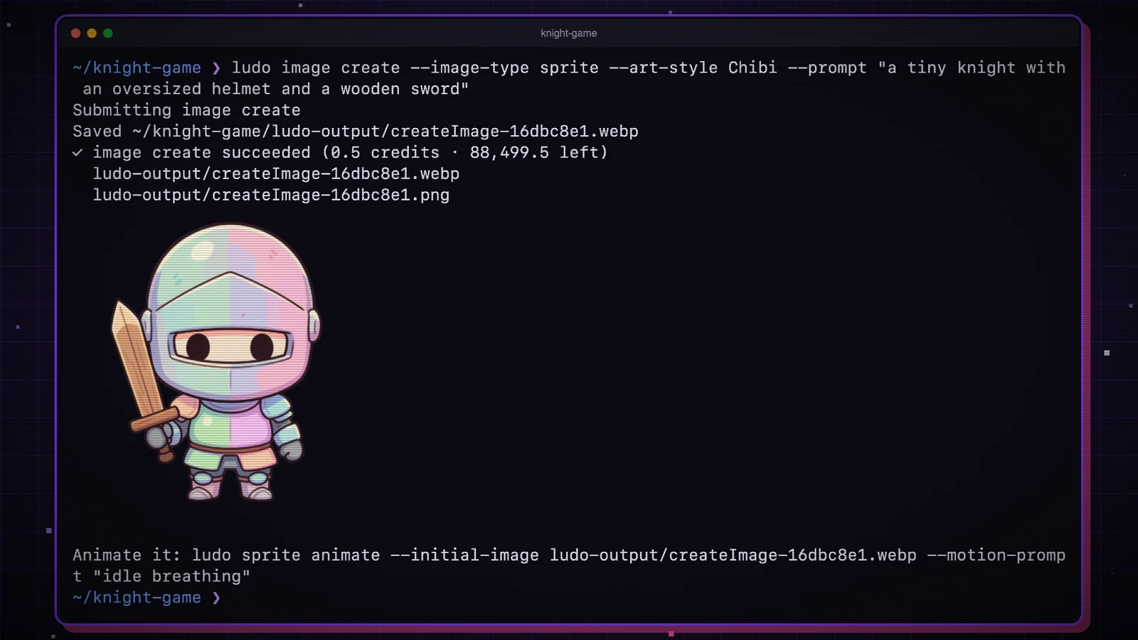 A chibi knight sprite previewed in the terminal